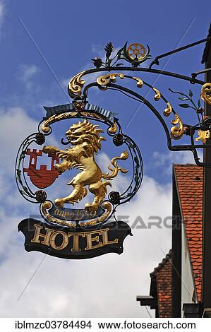 "Hanging sign of the hotel """"Zum Goldenen Lowen"""", Rothenburg ob der Tauber, Middle Franconia, Bavaria, Germany, Europe" View Large Photo Image Picture - "Hanging sign of the hotel """"Zum Goldenen Lowen"""", Rothenburg ob der Tauber, Middle Franconia, Bavaria, Germany, Europe". Fotosearch