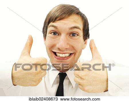 Stock Image - "Happy and confident businessman, portrait, thumbs up". Fotosearch