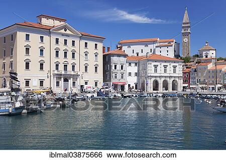 Stock Photograph - "Harbor and old town with Cathedral of St. George, Piran, Istria, Slovenia, Europe". Fotosearch