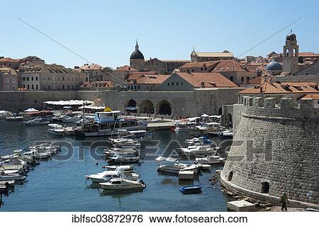 Stock Photograph - "Harbour and the historic centre, Dubrovnik, Dalmatia, Croatia, Europe". Fotosearch