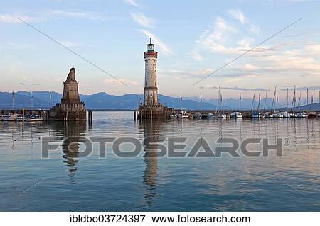 Stock Photo - "Harbour entrance, Lindau Harbour, evening light, Lindau - Bodensee, Swabia, Bavaria, Germany, Europe". Fotosearch
