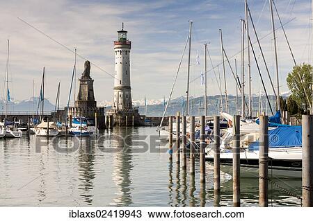 Stock Image - Harbour entrance of Lindau on Lake Constance, Lindau, Bavaria, Germany, Europe, PublicGround, Europe. Fotosearch