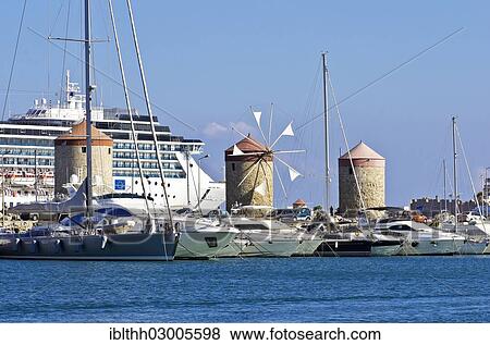 "Harbour entrance of Rhodes in front of a cruise ship, Rhodes, Rhodos Island, Dodecanese, Greece, Europe" View Large Photo Image Stock Photo - "Harbour entrance of Rhodes in front of a cruise ship, Rhodes, Rhodos Island, Dodecanese, Greece, Europe". Fotosearch