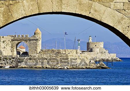 "Harbour entrance of Rhodes in front of ramparts or defensive walls, Rhodes, Rhodos Island, Dodecanese, Greece, Europe" View Large Photo Image Stock Photo - "Harbour entrance of Rhodes in front of ramparts or defensive walls, Rhodes, Rhodos Island, Dodecanese, Greece, Europe". Fotosearch