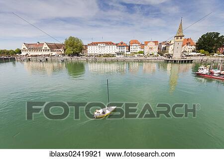 Stock Image - Harbour of Lindau on Lake Constance with the Mangturm or Mangenturm tower, Lindau, Bavaria, Germany, Europe, PublicGround, Europe. Fotosearch