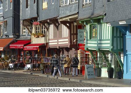 Stock Image - "Harbour street with restaurants and shops, Honfleur, Normandy, France, Europe". Fotosearch