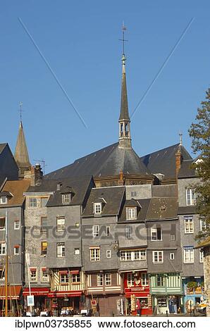 Stock Photography - "Harbour street with restaurants and shops, Honfleur, Normandy, France, Europe". Fotosearch