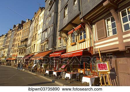 Stock Image - "Harbour street with restaurants, Honfleur, Normandy, France, Europe". Fotosearch