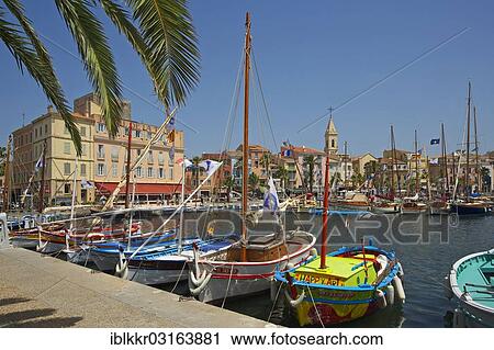 Stock Image - "Harbour with historic boats, Cote d? ÇÖAzur, Sanary-sur-Mer, Departement Var, Region Provence-Alpes-Cote d? ÇÖAzur, France, Europe". Fotosearch