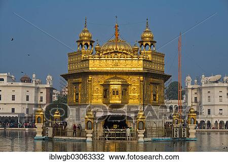 Stock Image - "Harmandir Sahib or Hari Mandir or Golden Temple, on the Amrit Sagar or Holy Lake, the most important Sikh temple, Amritsar, Punjab, India, Asia". Fotosearch