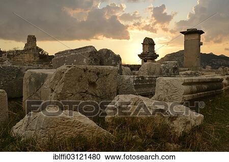 Stock Image - "Harpyien pillar tombs of the ancient city of Xanthos at sunset, Xanthos, Xanthostal, Lykien, Turkey, Asia". Fotosearch