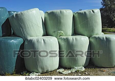 Stock Photo - "Hay bales wrapped in green plastic sheeting, Schaeftlarn, Bavaria, Germany, Europe". Fotosearch