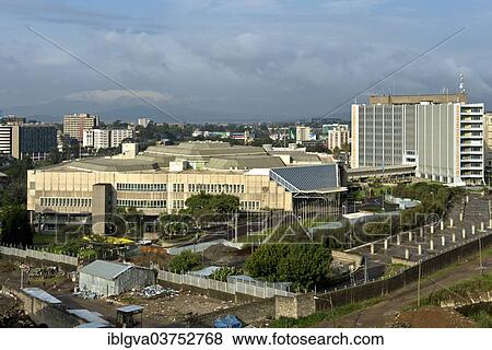 Stock Photo - "Headquarters of the United Nations Economic Commission for Africa, ECA, conference centre to the left, administration building to the right, Addis Ababa, Oromia Region, Ethiopia, Africa". Fotosearch