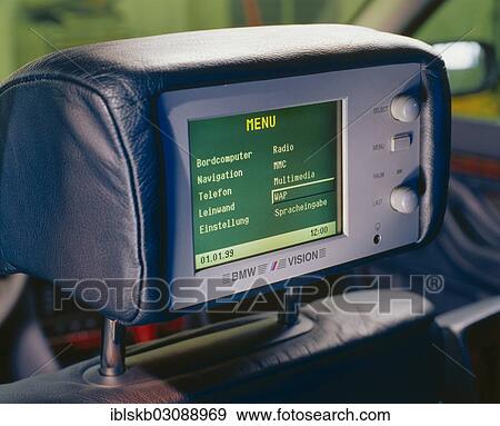 Stock Photo - Headrest in a BMW with a built-in monitor with internet access. Fotosearch