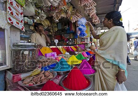 Stock Photography - "Heaps of colorpowder for sale at the local market in Mysore, India, Asia". Fotosearch