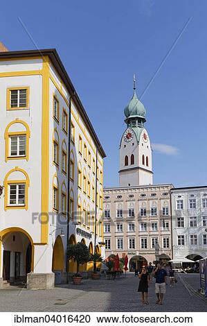 Stock Image - "Heilig-Geist-Strasse street with tower of the city parish church, Rosenheim, Upper Bavaria, Bavaria, Germany, Europe". Fotosearch