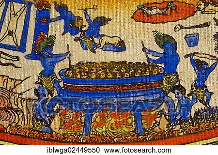 Stock Image - "Hell and beings from hell, representation on a thangka, scroll painting of Tantric Buddhism, meditation, mandala". Fotosearch