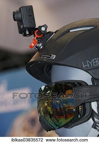 Stock Image - "Helmet camera or actioncam, mounted on a ski helmet or snowboarding helmet". Fotosearch