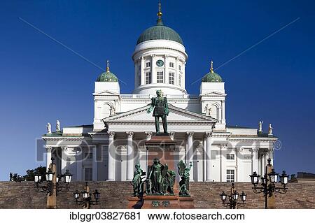 Stock Image - "Helsinki Cathedral with the Alexander II Memorial, Senate Square, Kruununhaka, Helsinki, Finland, Europe". Fotosearch