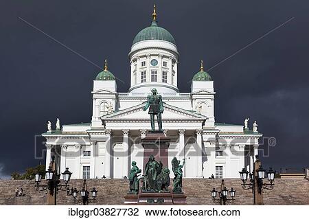 Stock Image - "Helsinki Cathedral with the Alexander II Memorial, Senate Square, Kruununhaka, Helsinki, Finland, Europe". Fotosearch