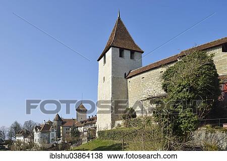 Stock Photo - "Hexenturm or Roter Turm on the city wall, Murten, Canton of Fribourg, Switzerland, Europe". Fotosearch