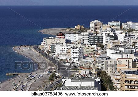 "High-rise hotels at west beach, view from Monte Smith, new town, Rhodes, Rhodos Island, Dodecanese, Greece, Europe" View Large Photo Image Stock Photograph - "High-rise hotels at west beach, view from Monte Smith, new town, Rhodes, Rhodos Island, Dodecanese, Greece, Europe". Fotosearch