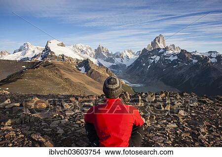 "Hiker at the Loma del Pliegue Tumbado, views of Cerro Torre and the Fitz Roy massif, Los Glaciares National Park, El Chalten, Santa Cruz, Argentina, South America" View Large Photo Image Picture - "Hiker at the Loma del Pliegue Tumbado, views of Cerro Torre and the Fitz Roy massif, Los Glaciares National Park, El Chalten, Santa Cruz, Argentina, South America". Fotosearch