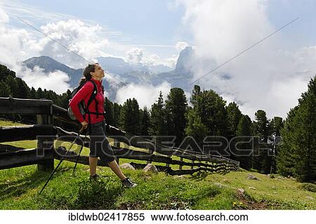 Hiker at the Raschotz or Rasciesa mountain pasture with Mt. Sasso Lungo, near St. Ulrich, Val Gardena valley, Southern Tyrol, Alto Adige, Italy, Europe View Large Photo Image Stock Photography - Hiker at the Raschotz or Rasciesa mountain pasture with Mt. Sasso Lungo, near St. Ulrich, Val Gardena valley, Southern Tyrol, Alto Adige, Italy, Europe. Fotosearch