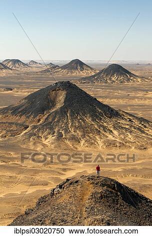 "Hiker climbs top of volcanic pyramid mountain in Black Desert, Black Desert, Bahariya, Egypt, Africa" View Large Photo Image Stock Image - "Hiker climbs top of volcanic pyramid mountain in Black Desert, Black Desert, Bahariya, Egypt, Africa". Fotosearch