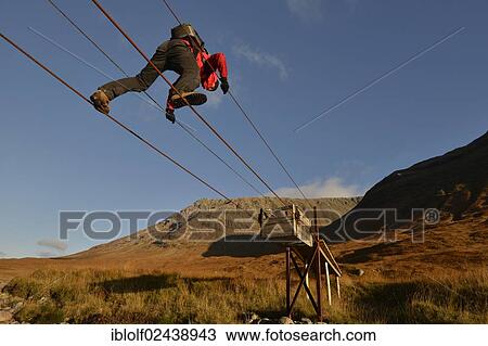 "Hiker crossing the River Etive via an adventurous steel cable bridge, autumn in the Valley of Glen Etive, Scottish Highlands, Scotland, United Kingdom, Europe" View Large Photo Image Stock Image - "Hiker crossing the River Etive via an adventurous steel cable bridge, autumn in the Valley of Glen Etive, Scottish Highlands, Scotland, United Kingdom, Europe". Fotosearch