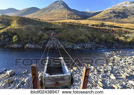 "Hiker crossing the River Etive via an adventurous steel cable bridge, autumn in the Valley of Glen Etive, Scottish Highlands, Scotland, United Kingdom, Europe" View Large Photo Image Stock Photo - "Hiker crossing the River Etive via an adventurous steel cable bridge, autumn in the Valley of Glen Etive, Scottish Highlands, Scotland, United Kingdom, Europe". Fotosearch