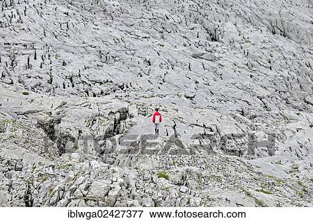 Stock Photo - "Hiker in the Gottesackerplateau karst landscape, Kleinwalsertal, Vorarlberg, Allgaeu Alps, Austria, Europe, PublicGround, Europe". Fotosearch