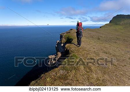 Hiker on a cliff near Hornstrandir, Westfjords, Iceland, Europe View Large Photo Image Stock Photography - Hiker on a cliff near Hornstrandir, Westfjords, Iceland, Europe. Fotosearch
