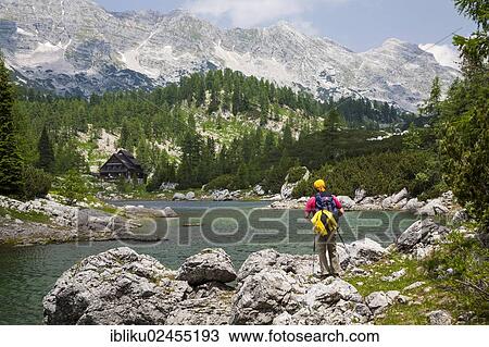 "Hiker overlooking the Koca pri Triglavskih jezerih, Seven Lakes hut, Triglav National Park, Slovenia, Europe" View Large Photo Image Stock Image - "Hiker overlooking the Koca pri Triglavskih jezerih, Seven Lakes hut, Triglav National Park, Slovenia, Europe". Fotosearch