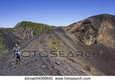 "Hikers on a trail at the crater of the Duraznero volcano, """"Ruta de los Volcanes"""", Volcano Route, Cumbre Vieja Natural Park, La Palma, Canary Islands, Spain, Europe" View Large Photo Image Stock Image - "Hikers on a trail at the crater of the Duraznero volcano, """"Ruta de los Volcanes"""", Volcano Route, Cumbre Vieja Natural Park, La Palma, Canary Islands, Spain, Europe". Fotosearch