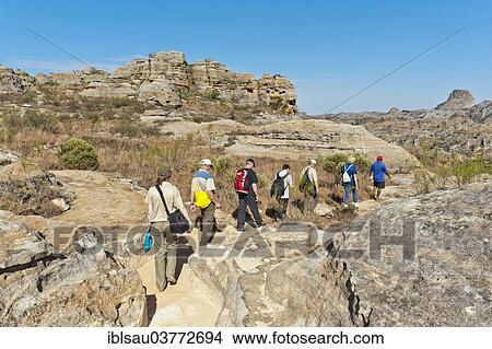 "Hikers on trail through rocky landscape, erosion landscape, Isalo National Park, near Ranohira, Madagascar, Africa" View Large Photo Image Picture - "Hikers on trail through rocky landscape, erosion landscape, Isalo National Park, near Ranohira, Madagascar, Africa". Fotosearch