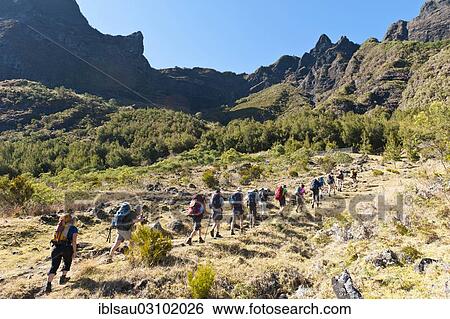 "Hikers walk in single file up a slope of Col du Taibit, Cirque de Mafate, Reunion National Park, Reunion, Africa" View Large Photo Image Stock Photograph - "Hikers walk in single file up a slope of Col du Taibit, Cirque de Mafate, Reunion National Park, Reunion, Africa". Fotosearch
