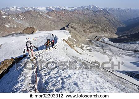 "Hikers walking on the ridge, on Niederjochferner mountain in the Schnalstal valley, climbing Similaun mountain, Marzell-Kamm mountain crest at the back, province of Bolzano-Bozen, Europe" View Large Photo Image Stock Image - "Hikers walking on the ridge, on Niederjochferner mountain in the Schnalstal valley, climbing Similaun mountain, Marzell-Kamm mountain crest at the back, province of Bolzano-Bozen, Europe". Fotosearch