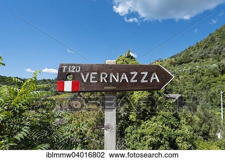 Stock Image - "Hiking sign to Vernazza, La Spezia, Cinque Terre, Liguria, Italy, Europe". Fotosearch