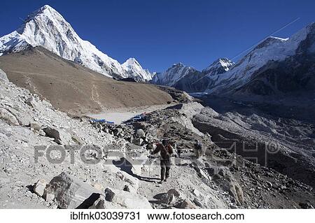 "Hiking trail in the Everest National Park, with the village of Gorak Shep at the rear and the mountains of Kalar Patthar and Pumori, left, and the Khumbu Glacier, right, Gorak Shep, Sagarmatha, Solukhumbu, Nepal, Asia" View Large Photo Image Stock Image - "Hiking trail in the Everest National Park, with the village of Gorak Shep at the rear and the mountains of Kalar Patthar and Pumori, left, and the Khumbu Glacier, right, Gorak Shep, Sagarmatha, Solukhumbu, Nepal, Asia". Fotosearch