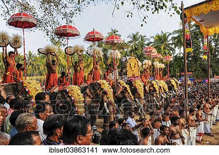 Stock Image - "Hindu temple festival with many elephants, Thrissur, Kerala, South India, India, Asia". Fotosearch