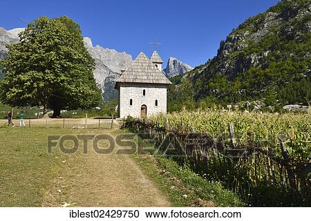 Stock Image - "Historic Catholic church in Theth National Park, Albanian Alps, Albania, The Balkans, Europe". Fotosearch