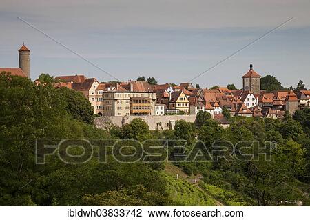 Stock Image - "Historic centre of Rothenburg ob der Tauber, Tauber Valley, Franconia, Bavaria, Germany, Europe". Fotosearch