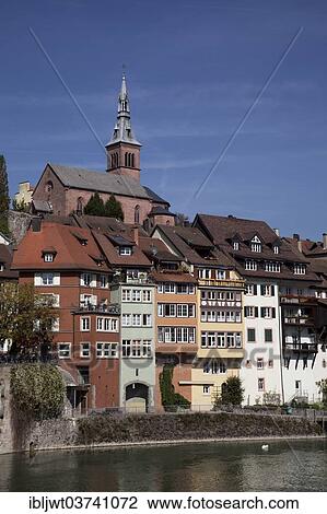 Stock Image - "Historic centre on the Upper Rhine with the Church of the Holy Spirit, Laufenburg, Baden-Wurttemberg, Germany, Europe". Fotosearch