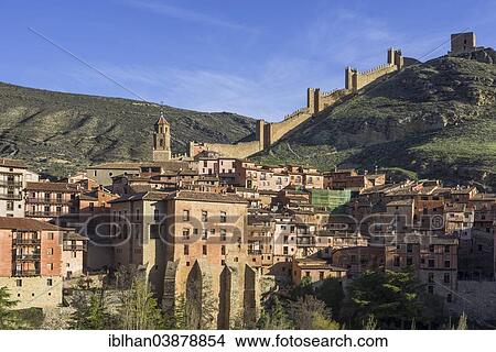 Picture - "Historic centre with a part of the city walls of Albarracin, Aragon, Spain, Europe". Fotosearch