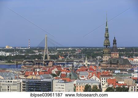 "Historic centre with St. Peter's Church and Riga Cathedral, the Daugava River with Vansu Bridge, view from high-rise tower of the Academy of Sciences, Riga, Latvia, Europe" View Large Photo Image Stock Photo - "Historic centre with St. Peter's Church and Riga Cathedral, the Daugava River with Vansu Bridge, view from high-rise tower of the Academy of Sciences, Riga, Latvia, Europe". Fotosearch