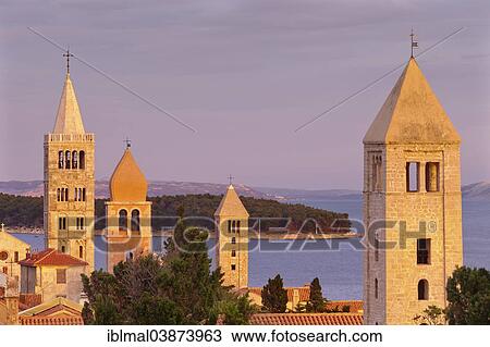 Stock Image - "Historic centre with the bell tower of the St. Andrew Monastery, the church of Saint John, church of Saint Justine and St. Mary's Cathedral, Rab Town, island of Rab, Kvarner Gulf, Croatia, Europe". Fotosearch