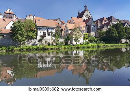 Stock Image - "Historic centre with the Town Hall on the Enz River, Besigheim, Baden-Wurttemberg, Germany, Europe". Fotosearch