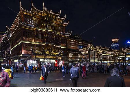 Stock Image - "Historic centre with traditional buildings at night, illuminations, Shanghai, China, Asia". Fotosearch