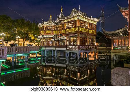 Stock Image - "Historic centre with traditional buildings at night, illuminations, Shanghai, China, Asia". Fotosearch